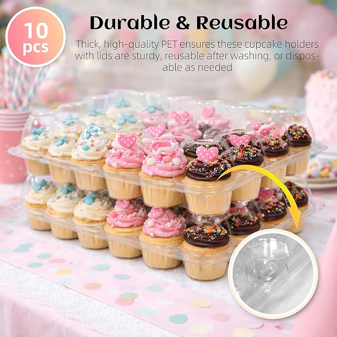 WIKDAY (24 Count x 10 Sets Plastic Cupcake Containers with Liners, Clear Cupcake Holder with Lids, Disposable Cupcake Carrier for Bakery, Cupcake Storage Box for Parties, Bake Sale Packaging