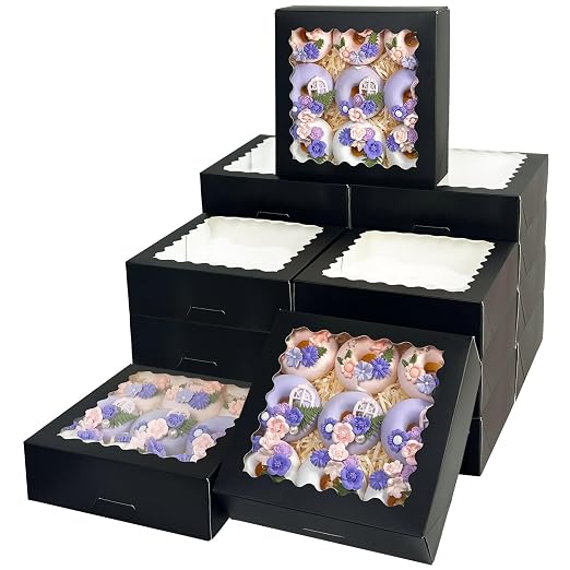 Bakepacker 55pcs Black Pie Boxes 8x8x2.5 inches Easy Assemble Macaroon Cookie Boxes Bakery Boxes with Window for Bakery (Auto-pop Up)