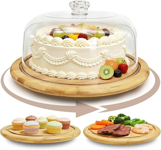 Bamboo Cake Stand with Dome Lid, 12in Rotating Wood Cake Holder Round Cake Plate, 2-in-1 Wooden Serving Platter Charcuterie Board Dessert Table Display Set for Birthday Wedding Party Kitchen