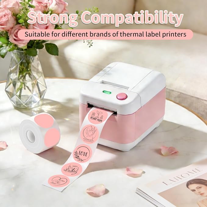 500 Labels/Roll 2" Pink Round Thermal Labels, Waterproof Circle Blank Thermal Sticker Compatible with Direct Thermal Label Printers for DIY Logo Designs, Thank You, Small Business