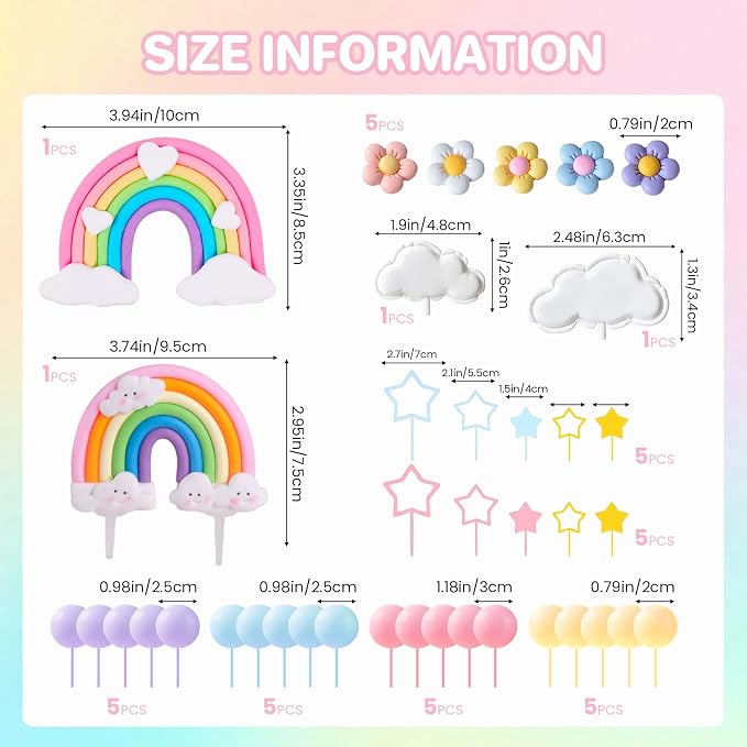 39 Pcs Rainbow Cake Topper, Rainbow Party Decorations with Pastel Ball Toppers and Daisy Flowers for Boho Birthday, Baby Shower Cake Decorations