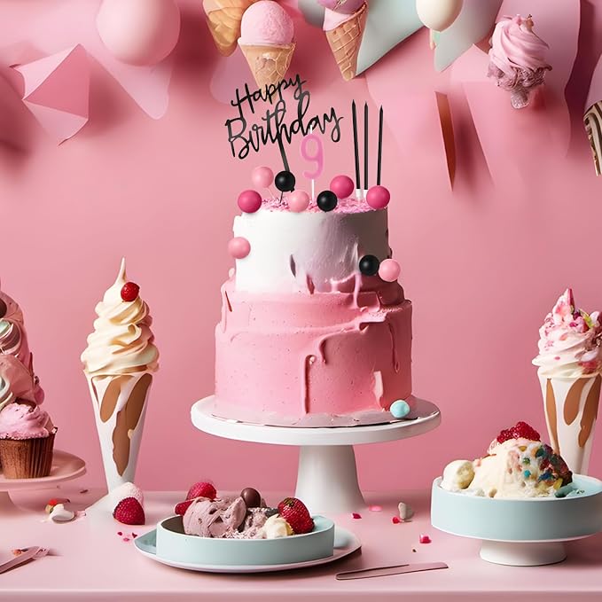 Yerliker 34 Pcs Happy Birthday Cake Toppers Decorations Birthday Candles DIY Cake Decor for Men Women Wedding Anniversary(Black Pink Rose Red)