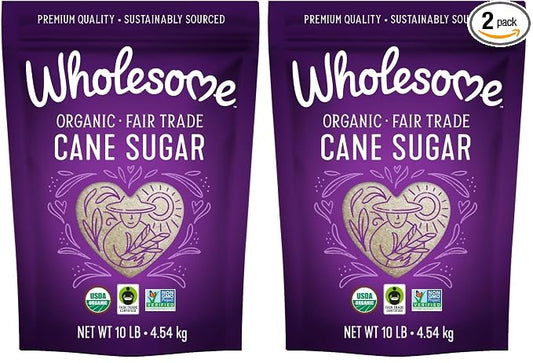Wholesome Sweeteners 10-Pound Organic Cane Sugar, Fair Trade, Non GMO, Gluten Free, Pure & Vegan, for Baking and Sweetening (Pack of 2)
