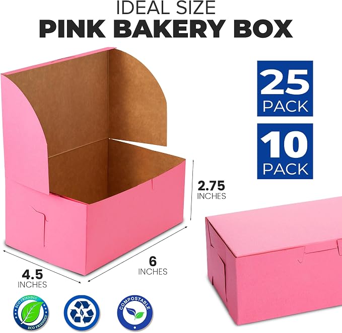 Fit Meal Prep [10 Pack] Pink Bakery Boxes 6x4.5x3 Pastry Box for Cupcakes, Desserts, Cookies, Candies, Ideal Packaging for Bakeries, Home-made Baked Favors, Gifts