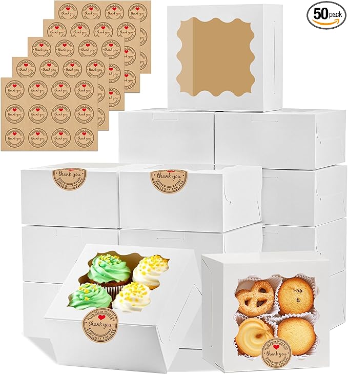 LTWQLing 50pcs White Cookie Boxes,4x4x2.5 Inches Bakery Boxes with Window,with Stickers, for Mini Cake Treat Dessert Pastry Donuts Macaroon Strawberries Chocolate Candy