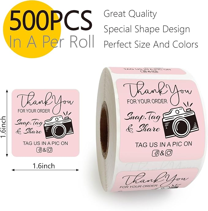 Thank You for Your Order Stickers Roll, Retro Camera Design Customer Review Stickers, Pink Square Stickers, Handmade Boutique Snap Tag Share Packaging Stickers Cute - 500pcs