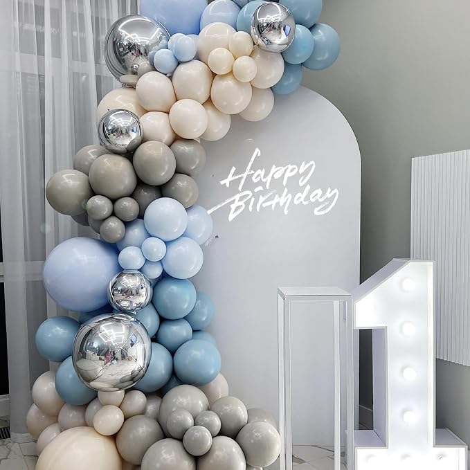 Dusty Blue Balloon Arch Kit, 108 Pcs Blue and Silver Balloon Arch Kit Metallic Silver Sand White Mist Blue Balloon Helium for Kids Boy Party Baby Shower Birthday Bridal Wedding Anniversary Decorations