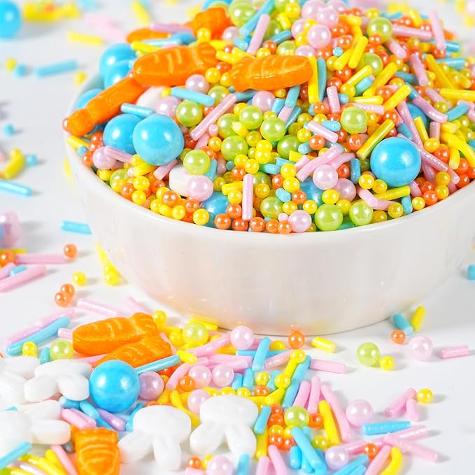 Easter Sprinkles Mix, 120g Bunny Rabbit and Carrot Shaped Sprinkles with Pearls Nonpareils and Jimmies, Pastel Edible Cake Decorating Sprinkles for Easter Baking, Ice Cream, Cupcakes & Spring Cookies, 4.2oz