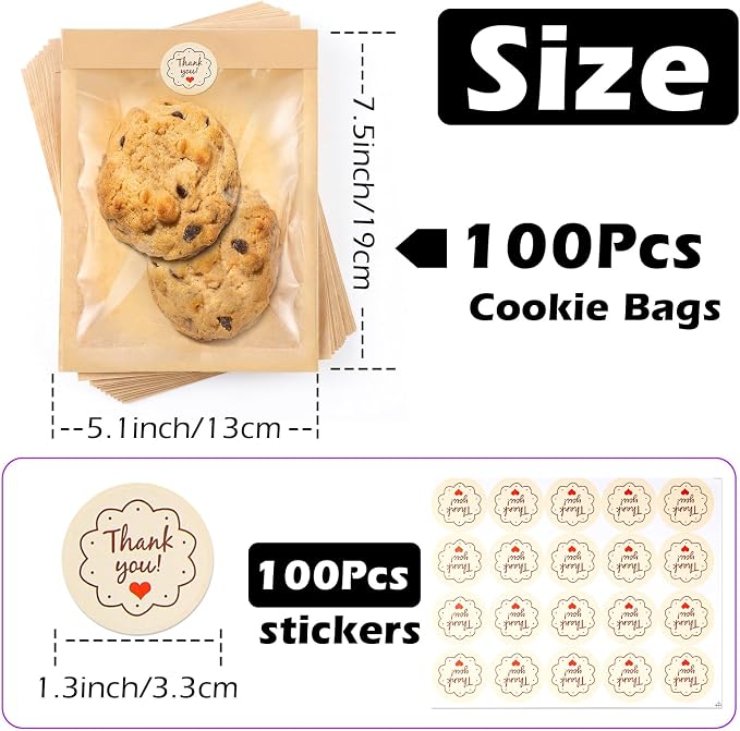 Cookie Bags with Window, 5.1"x7.5" Paper Oil-proof Bakery Bags | 100 Pack Kraft Heat Sealable Cookie Packaging Bags for Gift Giving Bake Sale for Cookies, Donut, Slice, Sandwich