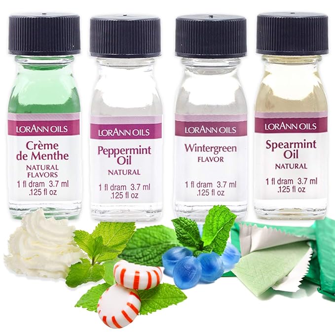 LorAnn Oils Super Strength Flavoring, Used For Candy Making, Flavoring Extracts, Baking, Hard Candy, & Flavor Oils - Bold, Natural Flavors 4X Stronger Than Extracts, Mint Variety, 4 Pack, 0.125 fl oz