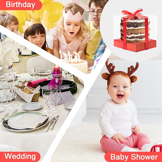 12 Pack Clear Plastic Cupcake Boxes, 3.5 Inch Gold Single Cupcake Containers Disposable Individual Cup Cake Carrier Holder Boxes with Inserts and Ribbon (Red)