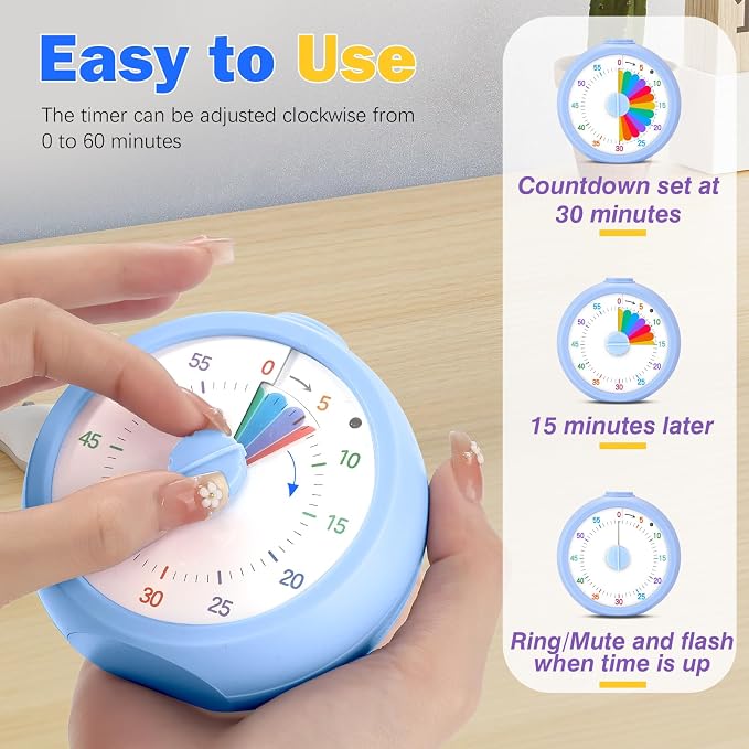 Mwellewm Visual Timer for Kids, 60 Minute Time Digital Pomodoro Timer Countdown with Silent Pause Function for Classroom Kitchen Study Cooking Meetings ADHD Rainbow Pattern(Circle Blue)