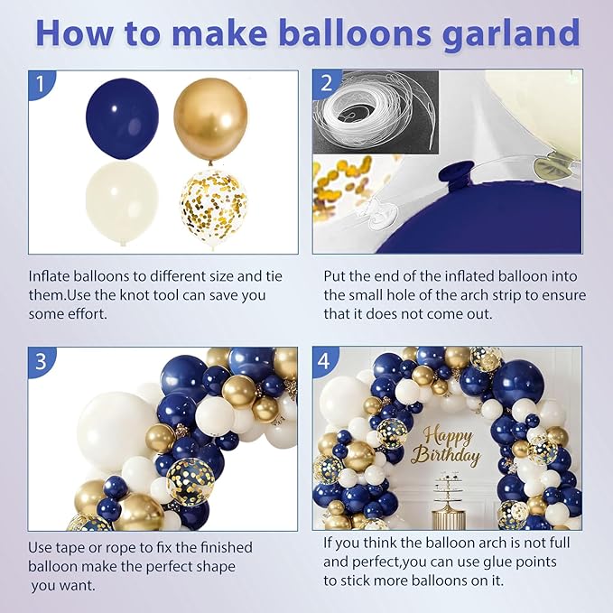Blue and Gold Balloons Arch Kit, Navy Dark Blue Latex Balloon Arch Kit with Chrome Gold Sand White Balloons Garland and Gold Confetti Balloons for Wedding Boy Birthday Gender Reveal Party Decoration