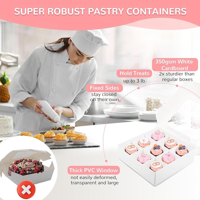 Zealax 9 Inch Bakery Boxes with Window and Dividers Cookie Packaging Treat Boxes for Mini Cupcakes, Chocolate Covered Strawberries, Brownies, and Small Treats for Gift Giving∣Pack of 12, 9x9x2.75 inch