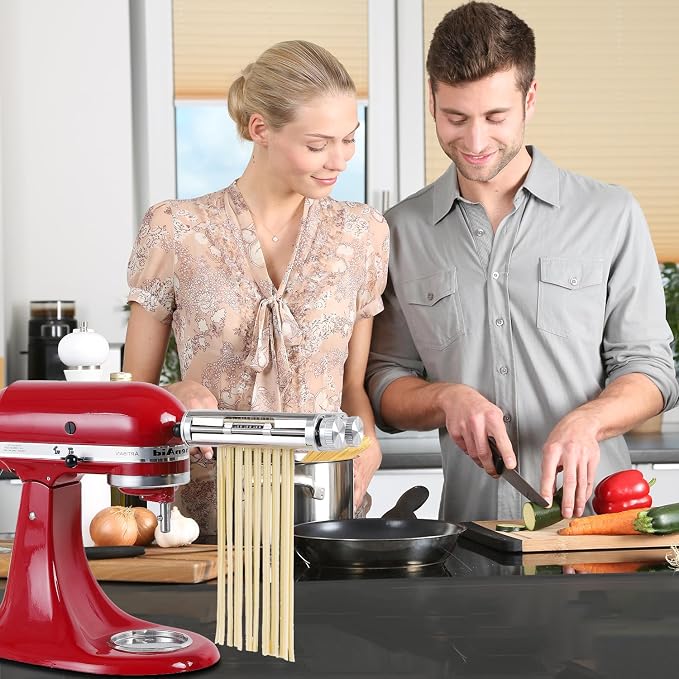 Pasta Maker Attachment for KitchenAid Stand Mixers, 3-in-1 Stainless Steel Pasta Roller & Cutter Set with Spaghetti and Fettuccine Blades, Includes 1 Metal Knob Screw Replacement