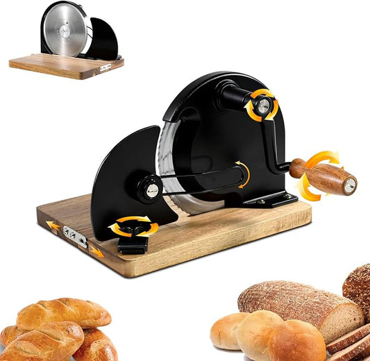 Manual Bread Slicer,Multi-Functional Foldable Hand-Cranked Bread Slicer with Steel Guard Plate and Non-Slip Base Pad Features Adjustable Thickness with Scale Lines for Even slicing Homemade(Black)