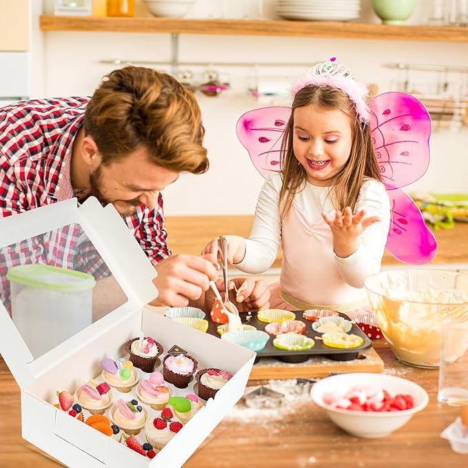 NPLUX 12 Pack Cupcake Boxes, 12 Count Cupcake Containers with Window and Cardboard, Food Grade Cupcake Carrier For Muffins Cupcakes Desserts (White 13.8×9.5×4 In)