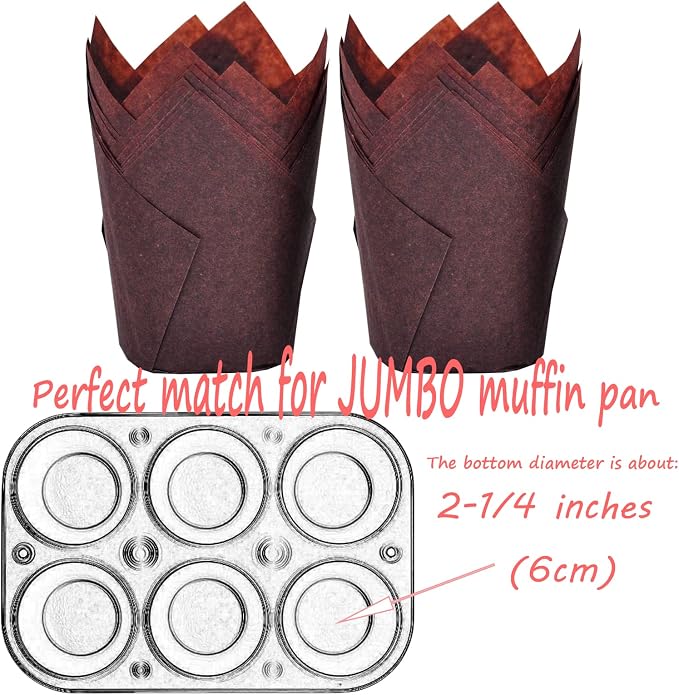 Large size Brown Tulip Baking Cups 2-1/4"(Base diameter) x 4"(Wall height) Greaseproof paper baking cupcake Muffin liners, Case of 130 pcs