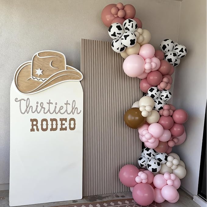 Cowgirl Dusty Pink Balloon Garland Arch Kit, 144Pcs Pink Brown Cream Cow Balloons for Birthday Baby Shower Disco Cowgirl Western Party Decorations