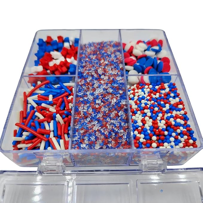 Red White and Blue Sprinkles for Baking, Edible Patriotic 4th of July Sprinkle Mix for Cake Decorating with Sparkling Sugar, Jimmies, Stars, Nonpareils, Confetti, Ice Cream Cupcake Toppings Supplies
