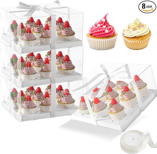 9 Counts x 8 Sets Cupcake Containers 9 Count Cupcake Boxes with 5.5inches height Assembly Plastic Cupcake Holders Disposable Cupcake Carriers for Birthday Party Pastry Bakery Supplies(9count/8pcs)