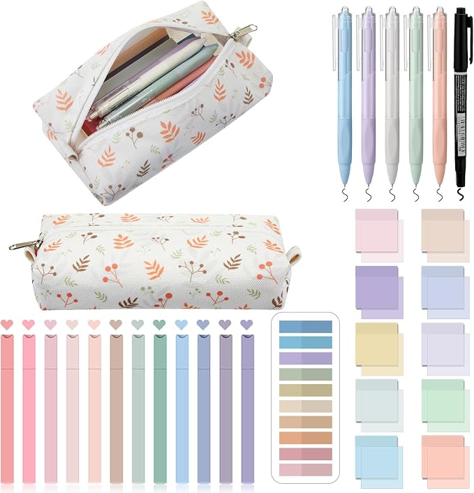 Jutom 39 Pcs Aesthetic Book Annotation Kit Highlighter with Case Bag Gel Pen Transparent Sticky Note Taking Book Supplies (Beige, Floral Style)
