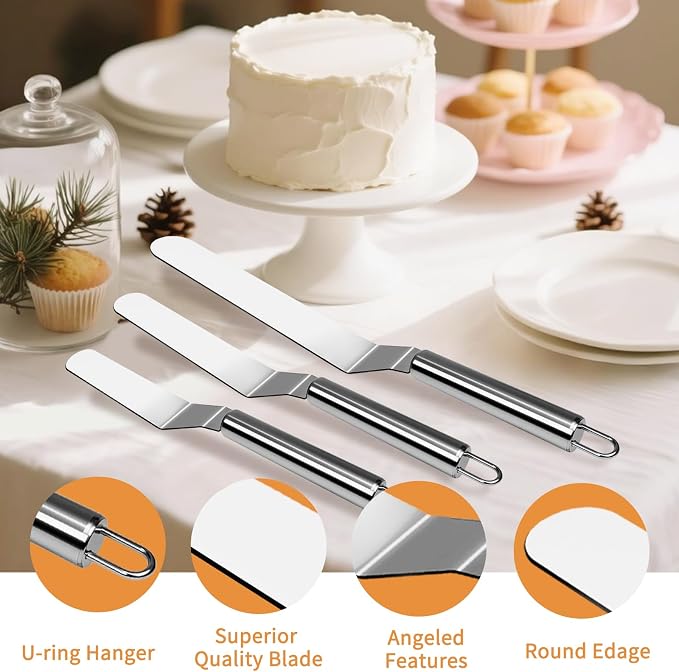 3 Pcs Offset Spatula Set with 6", 8" & 10" Blade, Stainless Steel Icing Spatula Cake Decorating Tools Frosting Smoother for Cake Decorating, Baking