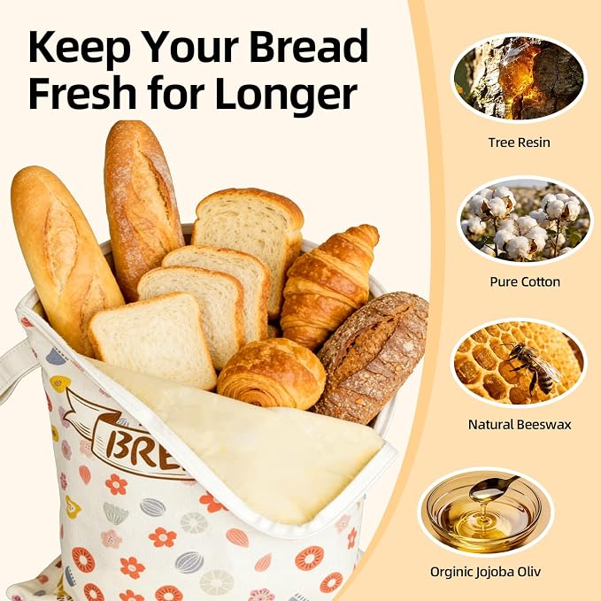 2 Pack Beeswax Bread Bags for Sourdough Homemade Bread, Organic Linen Reusable Natural Bread Storage Bag, Keep Fresh Moisture, Freezer-Friendly, Large Capacity Food Storage Cloth Bag