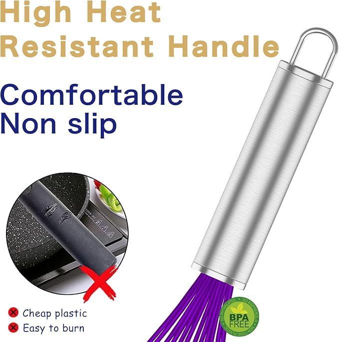 OYV Purple Silicone Whisk, Professional Whisks For Cooking Non-Scratch, Stainless Steel & Silicone Wisk, Plastic Rubber Whisk Tool For Nonstick Cookware Pans, BPA free, Silicon Wisks Set of 3