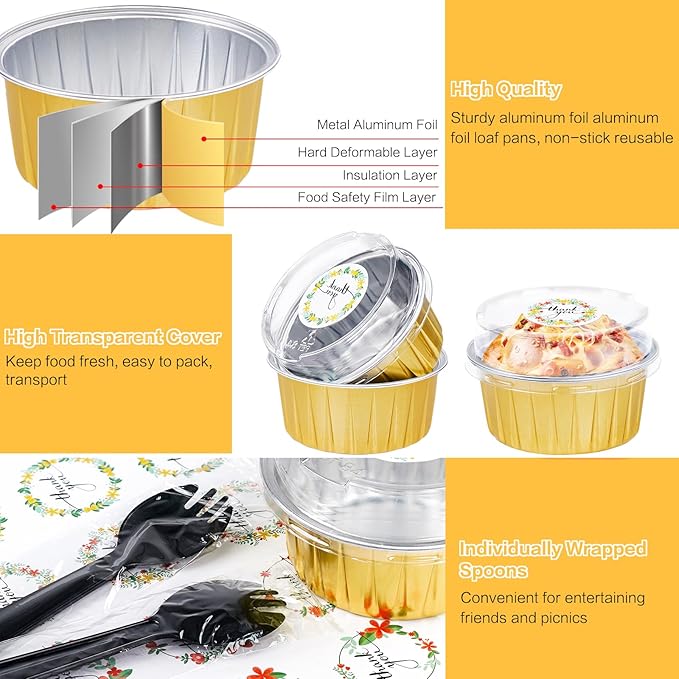 60Pcs Mini Cheesecake Containers, ZOXILEN 5oz 125ml Disposable Aluminum Foil Mini Baking Cups with Lids Spoons, Round Individual Small Cake pans Cupcake liners for Party Gold