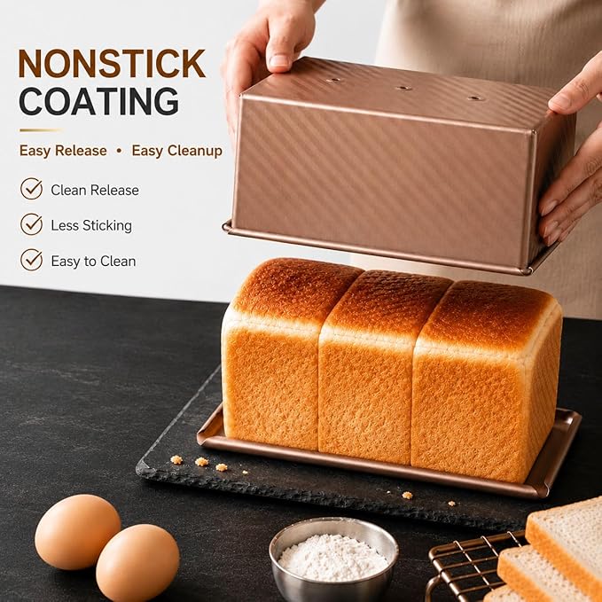 Pullman Loaf Pan with Lid 2 Pack, Carbon Steel Nonstick Bread Baking Pans with Sliding Lid, Gold Toast Mold for Sandwich Bread and Square Loaf, Small and Large Sizes, Oven Safe to 446°F