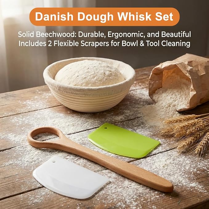13-Inch Wooden Danish Dough Whisk with 2Pcs Scraper Set, Long Handle for Easy Mixing and Cleaning, Bread Whisking Tool for Baking Sourdough Bread, Pizza, Pastry and Cake Batters