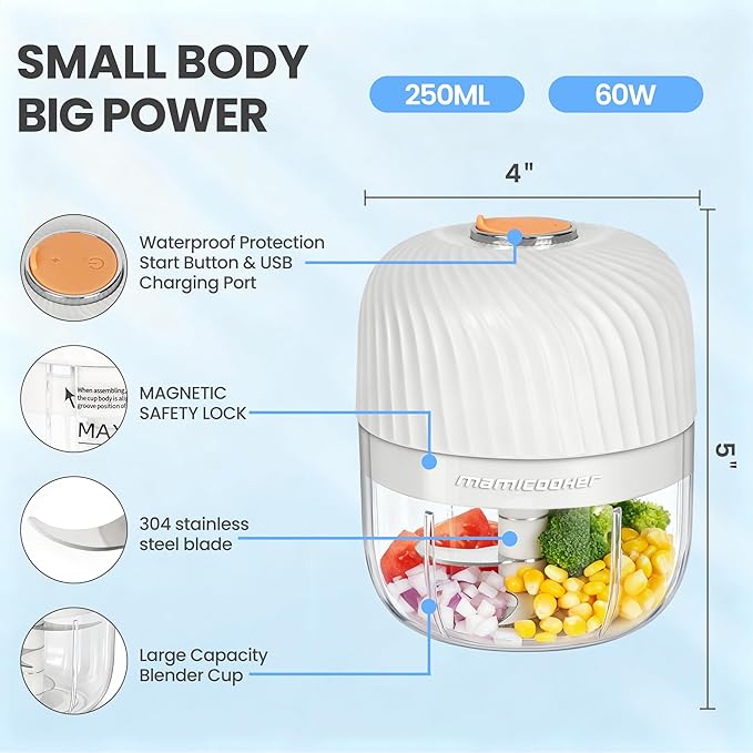 Electric Garlic Chopper 255ML, Mini USB Rechargeable Veggie Chopper, Cordless Garlic Mincer Onion Chopper Food Chopper for Ginger Chili Meat Sauce, Wireless Food Processor, White
