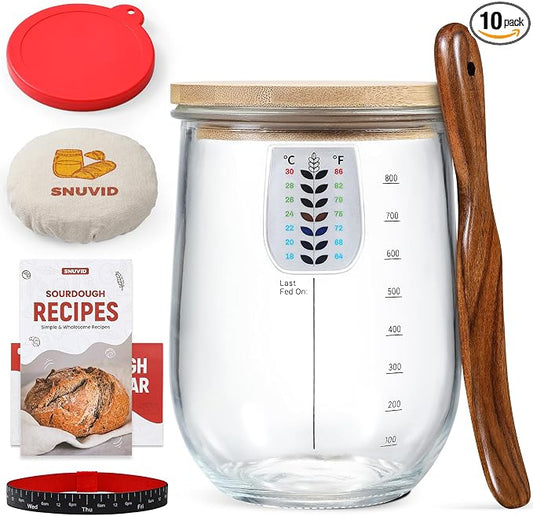 1 L (34 oz) Sourdough Starter Jar Kit, Wide Mouth Potbelly Crock - Glass Sour Dough Starter Bread Jar Set - Sourdough Baking Supplies - Sour Dough Bread Accessories Gifts for Sourdough Lovers