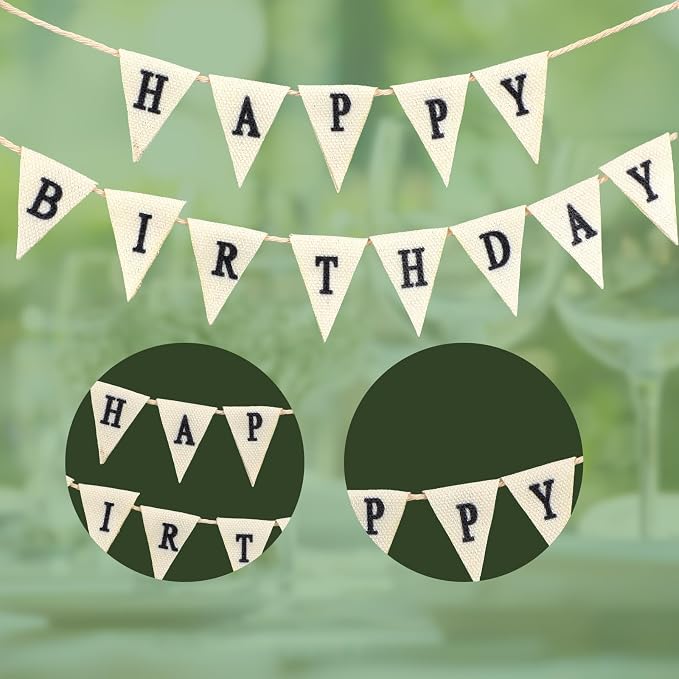 Happy Birthday Cake Bunting Topper Garland, Handmade Birthday Cake Pennant Banner Flags with Wooden Pole & Pink Flower Party Decoration Supplies