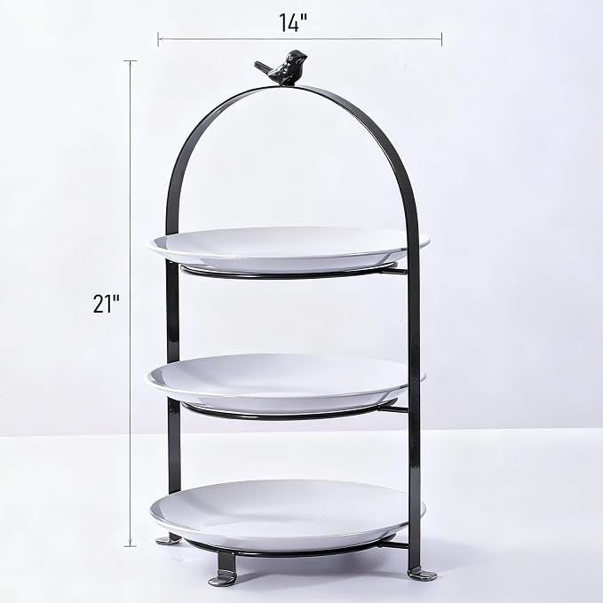 SparkWorks 3 Tiered Cake Stand, Tea Party Serving Platter, Dessert and Cupcake Stand, Metal Tiered Serving Stand Includes Three Premium White Stoneware Plates (10.5 inch)