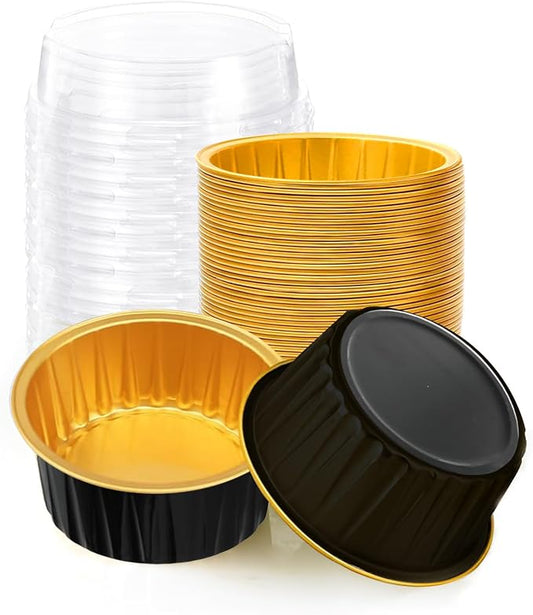 25PCS Round Mini Loaf Pans with Lids,Mini Cake Pans with Lids,Disposable Ramekins Baking Cups Muffin Tins Cupcake Cups for Wedding Birthday Party,5oz（Black Gold）
