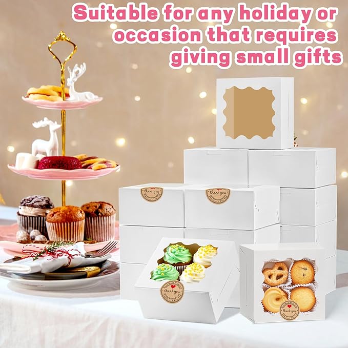 LTWQLing 50pcs White Cookie Boxes,4x4x2.5 Inches Bakery Boxes with Window,with Stickers, for Mini Cake Treat Dessert Pastry Donuts Macaroon Strawberries Chocolate Candy