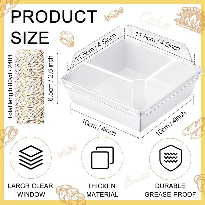 Jetec 50 Pack Charcuterie Boxes with Clear Lids and Rope 4 Inches Cake Disposable Square Dessert Food Box Containers with Lids for Bakery Macaron Cookies Strawberries Fruits Display (White)