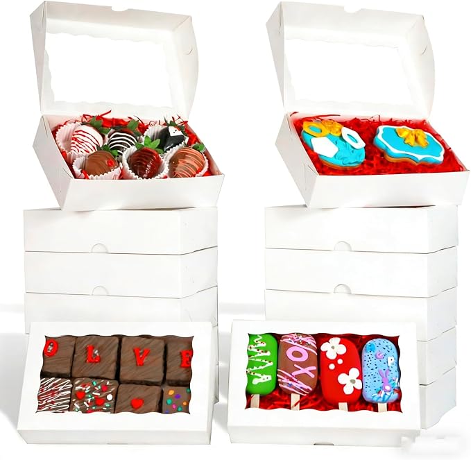 100PCS 8x5x2 Inch Bakery Boxes with Window, Perfect for Cookies, Chocolate Covered Strawberries, Macaron & More, Simple Style