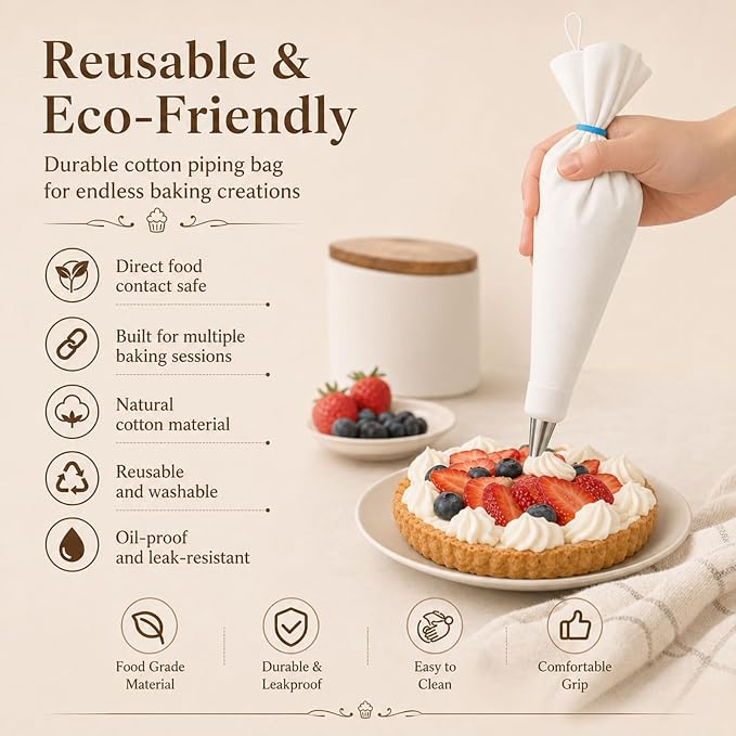 Reusable Piping Bags and Tips Set, 16inch Cotton Pastry Bags | Cotton Exterior, Eco-Friendly, For Cake Decorating, Cupcakes, Cookies, Durable Baking Kit