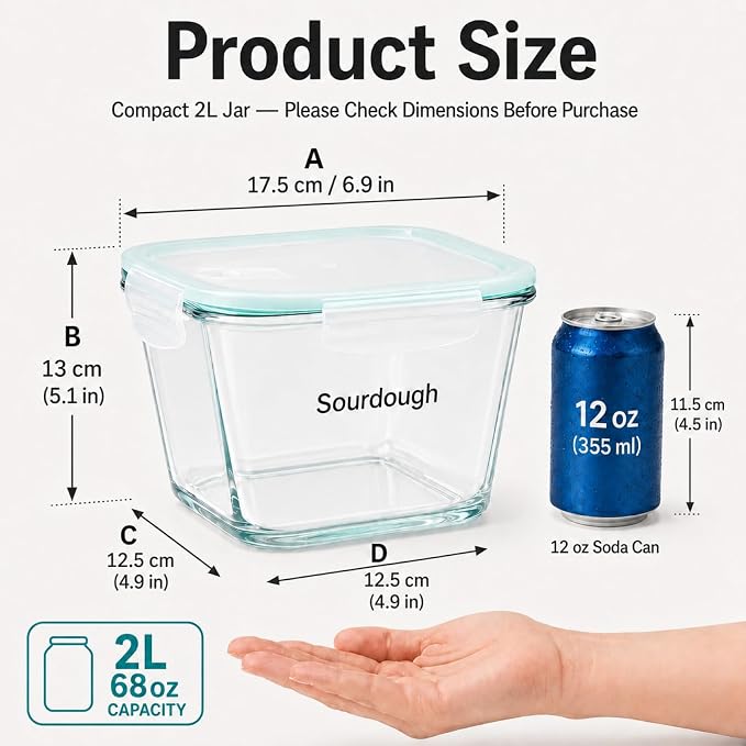 2 Liter Sourdough Starter Jar -Borosilicate Glass Sourdough Jar - Sour Dough Starter Jars for Sourdough with Lid - Large Clear Jars with Wide Mouth - Dishwasher Safe Clear