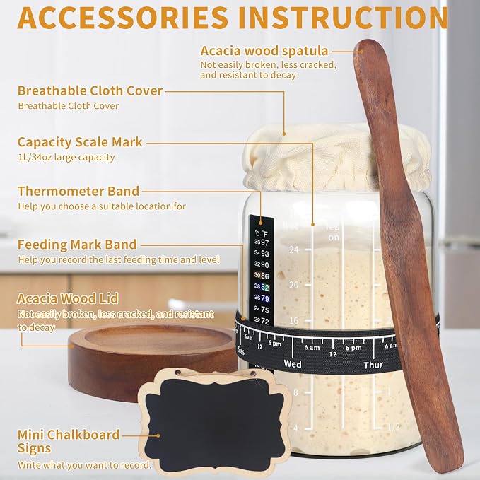 Kmise 2 Pack Sourdough Starter Jar Glass, 34 Oz Wide-mouth Sourdough Starter Jar Kit W/Acacia Spatula, Cholkboard Sign, Thermometer, Feeding Band, cloth cover,Reusable Sourdough Bread Baking Supplies
