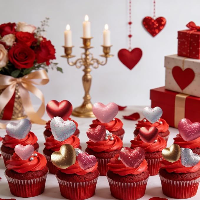 56PCS Edible Heart Cupcake Toppers Wafer Paper Red Pink Heart Cupcake Picks Sweet Love Cake Decor for Valentine's Day Theme Party Birthday Decoration Supplies