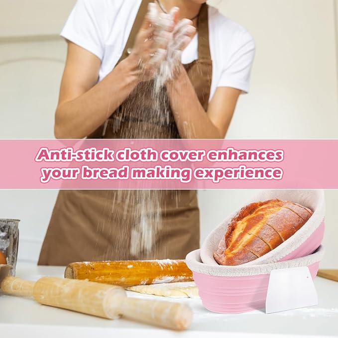 Nuogo 4 Pack Oval Bread Proofing Basket Silicone 10 Inch Collapsible Sourdough Bread Baking Supplies Dough Proofing Bowl with 4 Pcs Dough Scraper and 4 Pcs Basket Covers (Pink)