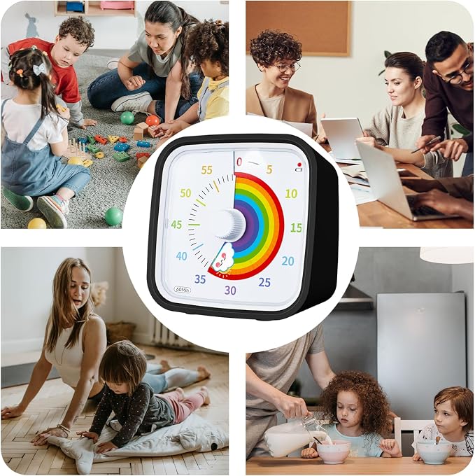 Yunbaoit Upgraded Visual Timer with Protective Case, Silent 60 Minute Countdown Timer for Kids and Adults with Low Power Reminder Clock Time Management Tool (Black Rainbow)