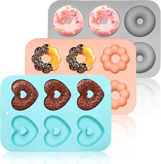 3 Pack Silicone Donut Pan, Non-stick Doughnut Molds for Baking, 6 Cavity Donut Maker Muffin Cupcake Bagel Making Tray (Gray, Pink, Blue)