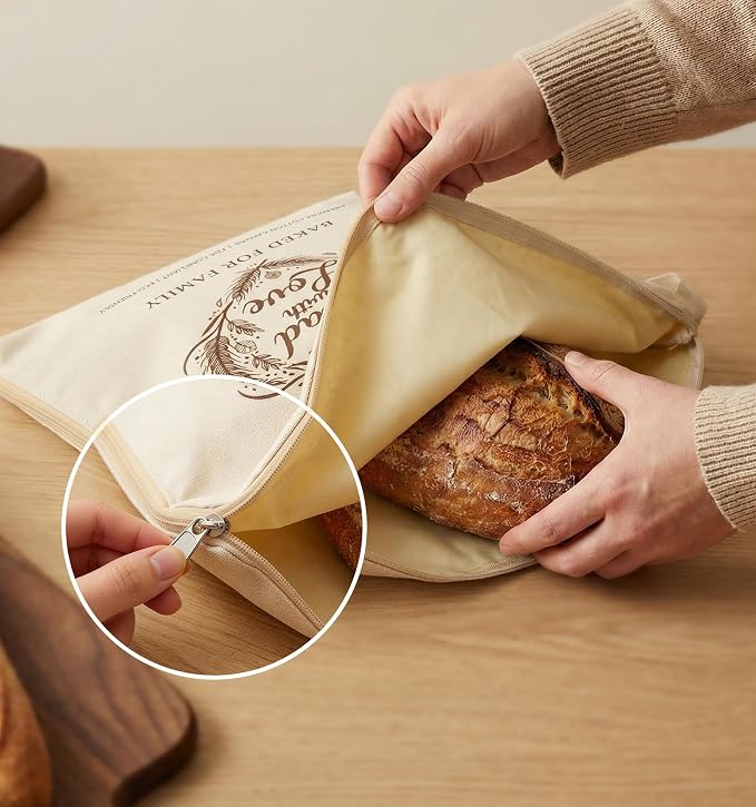 2 Pack Beeswax Bread Bags for Homemade Bread - XL 13x17in Reusable Sourdough Bread Bags with Wide Zipper Access, Organic Linen Cotton Freezer Safe Eco-Friendly Fresh Storage