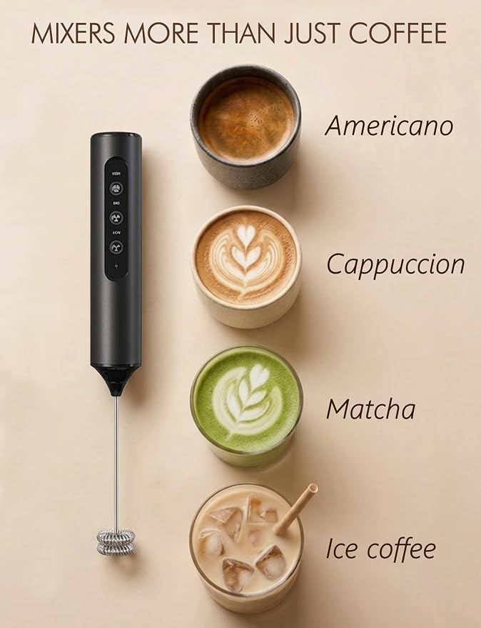 Rechargeable Milk Frother Hanheld 3 Speed, Frother Wand Drink Mixer Handheld Coffee Stirrers Electric Frother for Coffee Mixer Wand with 3 Whisk frother for protein powder-Black
