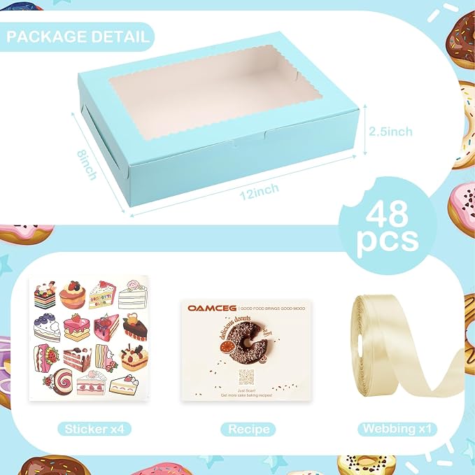 OAMCEG 48 Pack Cookie Boxes with Window, 12x8x2.5 Inch Bakery Treat Boxes for Christmas Holiday Gift Giving, Desserts, Donuts, Pastries-Blue